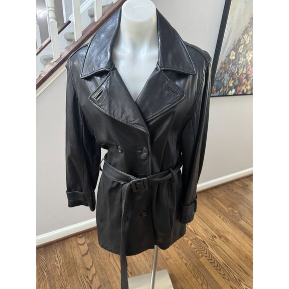 Andrew Marc Additions Black Leather Belted Double Breasted Trench Coat Jacket M - Picture 1 of 5